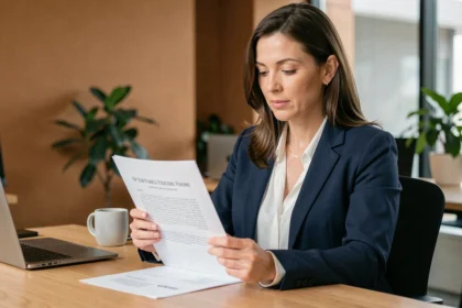 Professionnelle en blazer marine révisant un devis imprimé à son bureau dans un bureau moderne