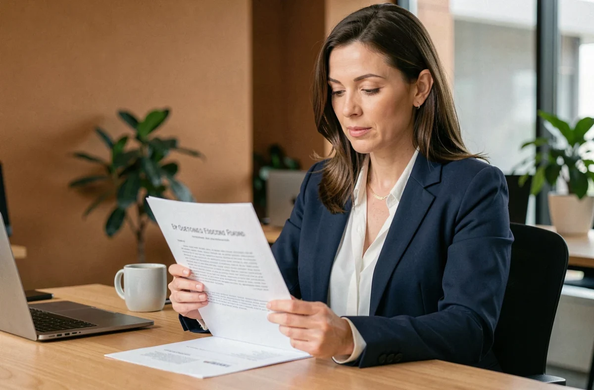 Professionnelle en blazer marine révisant un devis imprimé à son bureau dans un bureau moderne