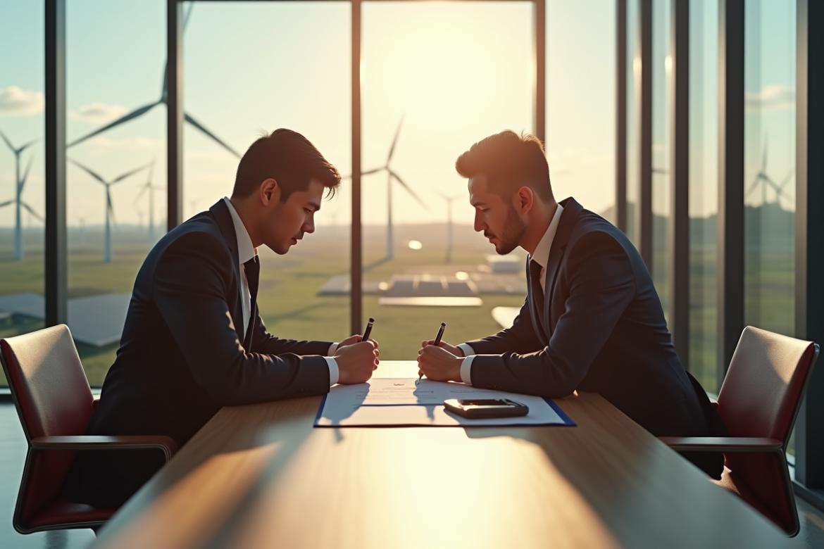 Deux professionnels signant un contrat d énergie renouvelable dans un bureau lumineux