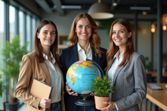 Quatre professionnels en réunion avec globe dans un bureau moderne