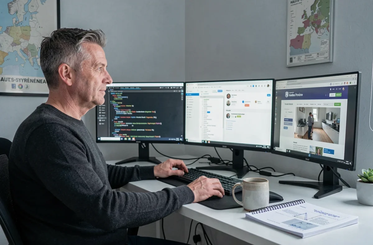 Développeur senior de l'agence Projetis codant un site internet sur triple écran