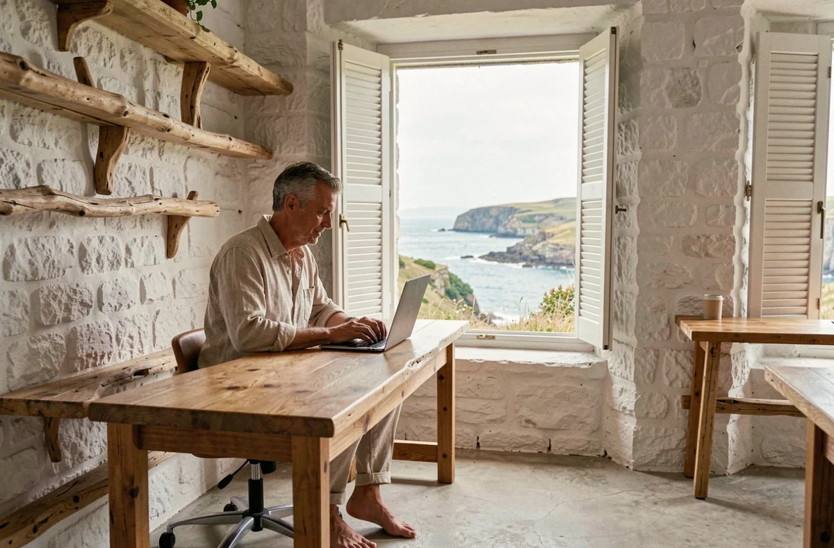 Espace de coworking Propice au Palais sur Belle-Île-en-Mer avec vue sur la côte atlantique sauvage depuis un bureau en pierre