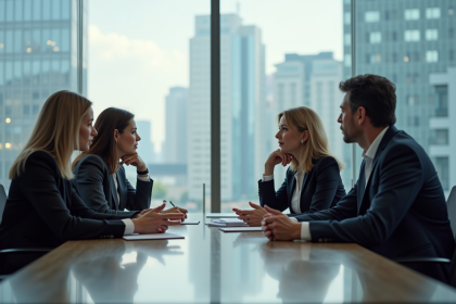 Quatre managers en réunion dans un bureau moderne