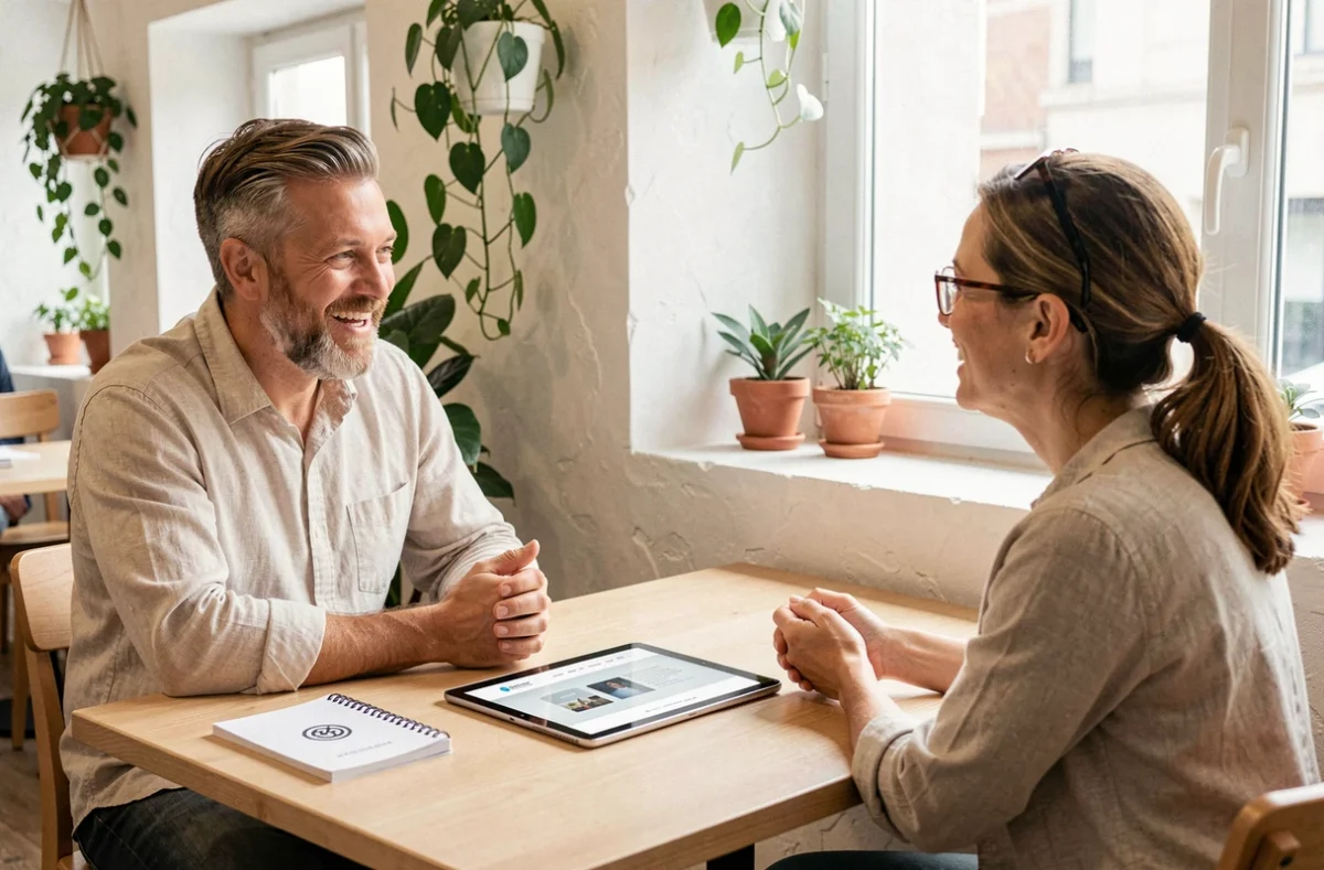 Consultant de l'agence Quin Té Ba en discussion avec un client autour d'un prototype de site