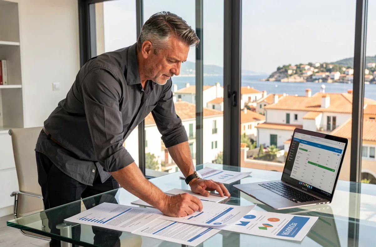 Directeur créatif de R-Advertising analysant des rapports de performance publicitaire avec vue sur Antibes
