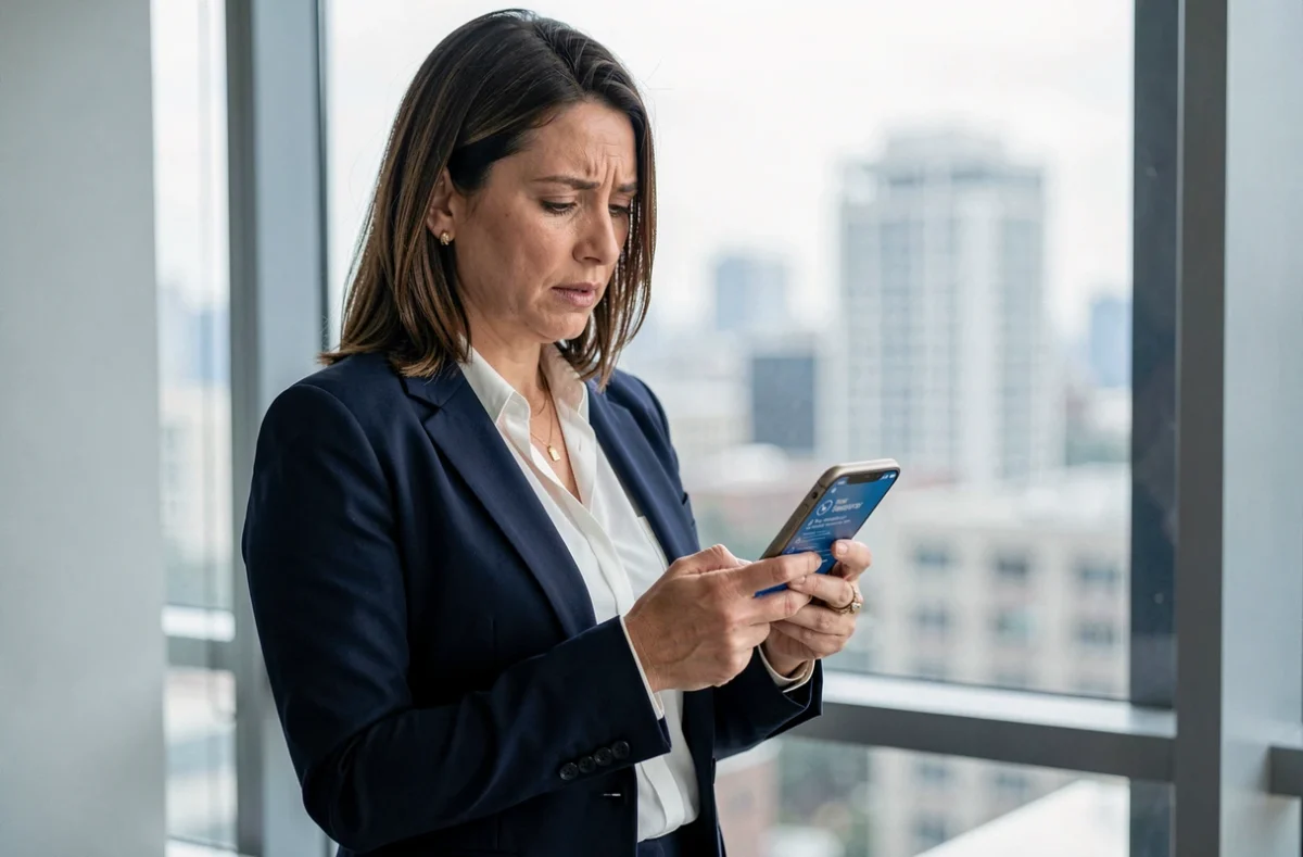 Femme en blazer utilisant son smartphone pour réactiver un compte Nibelis bloqué depuis un bureau professionnel