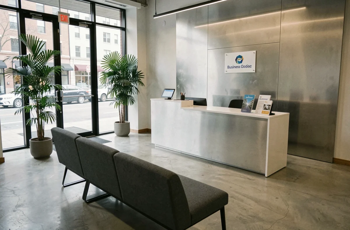 Réception d'un espace de bureaux meublés en location avec accueil professionnel et décoration moderne épurée