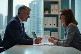 Homme en costume navy tendant un CV à une femme en bureau