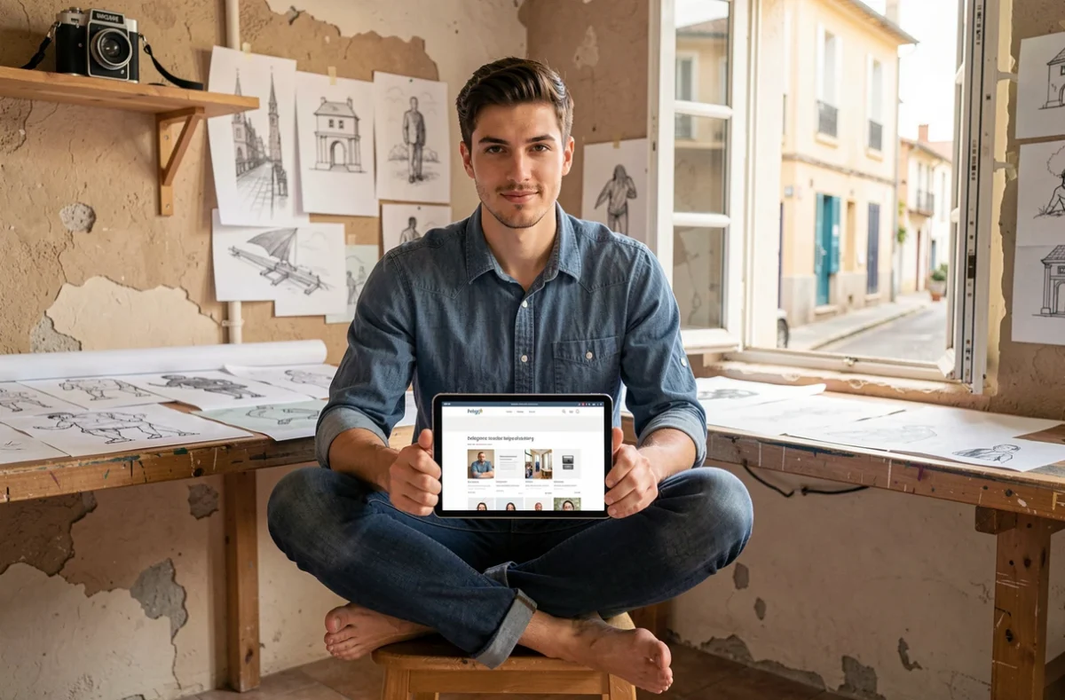 Rémi Fonvieille, consultant web indépendant, présentant son portfolio digital dans son studio créatif à Perpignan