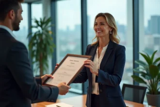 Remise de la médaille du travail à une salariée lors d'une cérémonie en entreprise