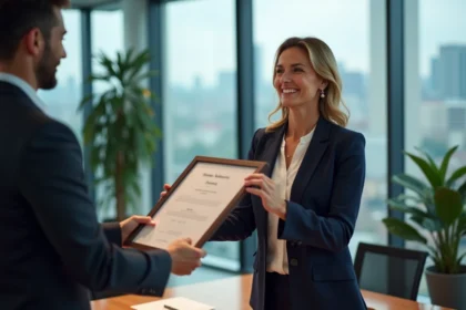 Remise de la médaille du travail à une salariée lors d'une cérémonie en entreprise