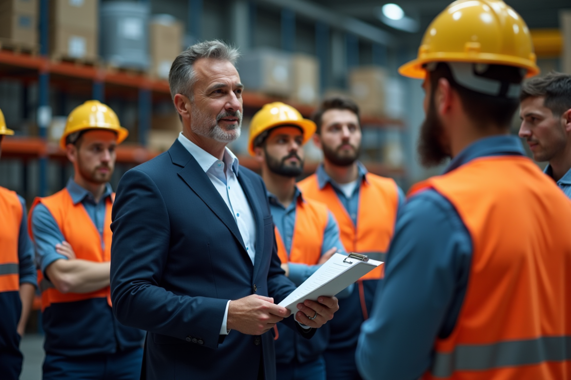 Manager en costume bleu briefing équipe dans entrepôt industriel