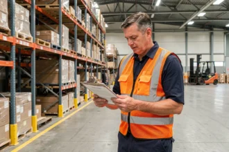 Responsable logistique en entrepôt consultant des documents de conformité CCCP13 pour les entreprises de manutention