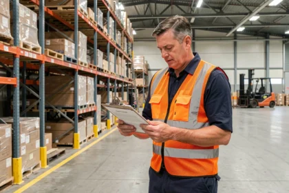 Responsable logistique en entrepôt consultant des documents de conformité CCCP13 pour les entreprises de manutention