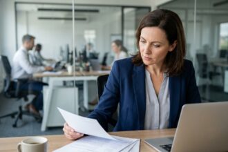 Responsable RH femme examinant des CV sur un bureau dans un open space professionnel moderne