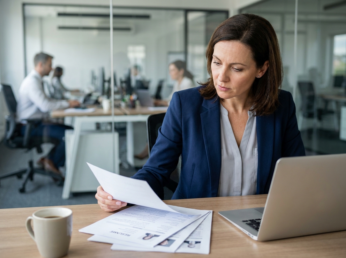 Responsable RH femme examinant des CV sur un bureau dans un open space professionnel moderne
