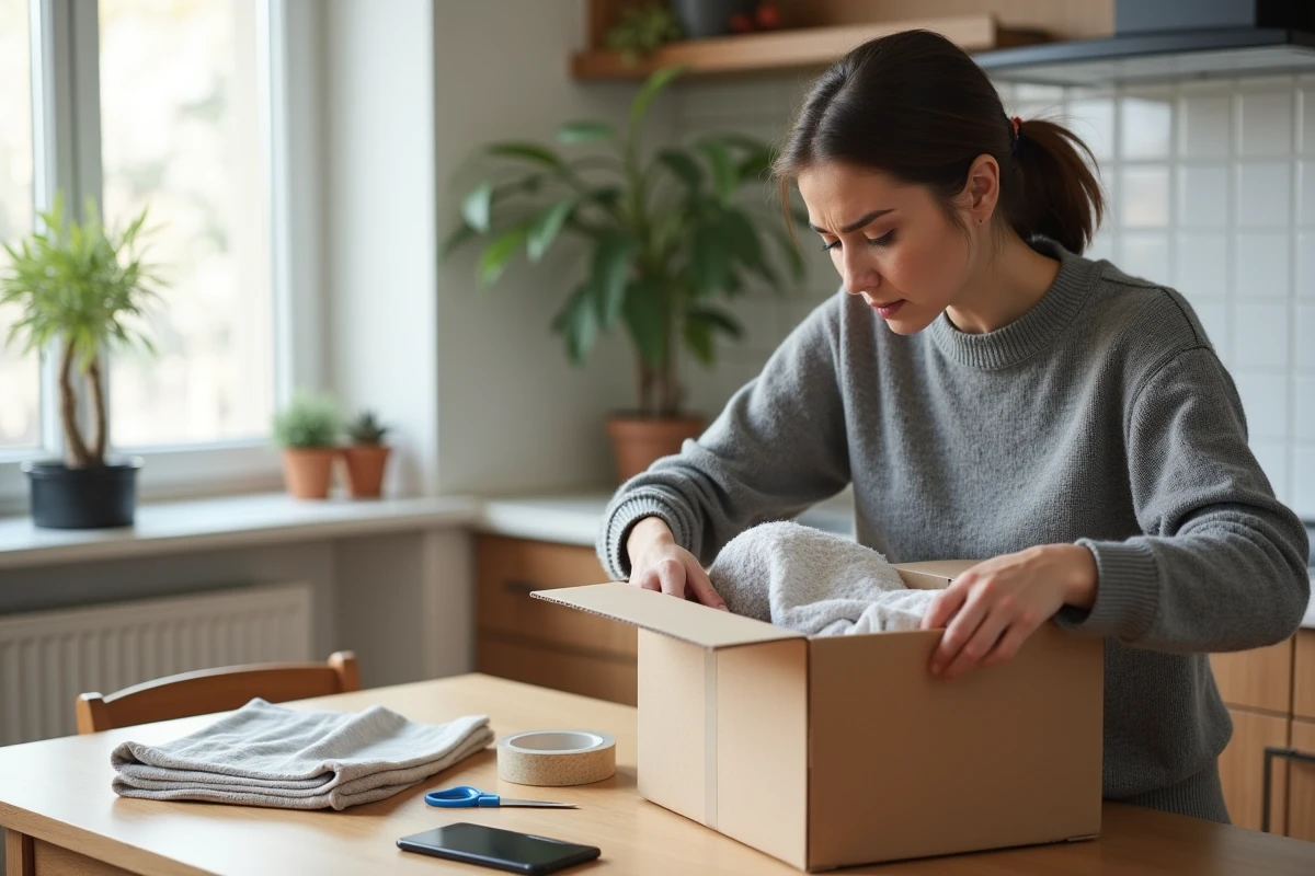 Femme préparant un colis Colissimo pour un retour e-commerce dans une cuisine moderne