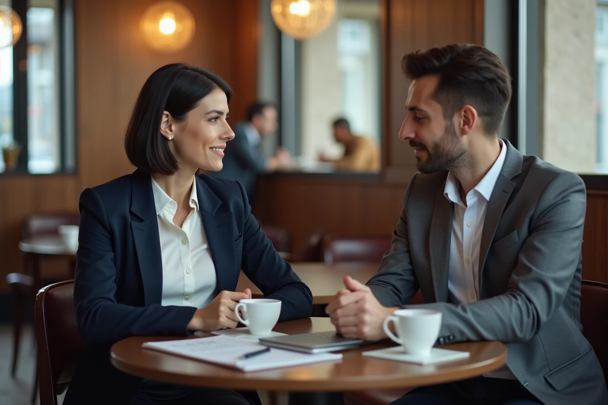 Deux entrepreneurs en réunion d'affaires B2B dans un café moderne, illustrant le développement d'un réseau professionnel