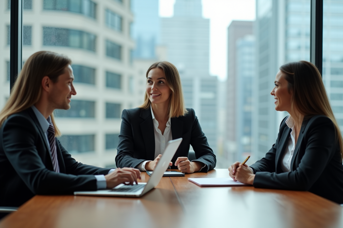 Quatre professionnels en réunion dans un bureau moderne