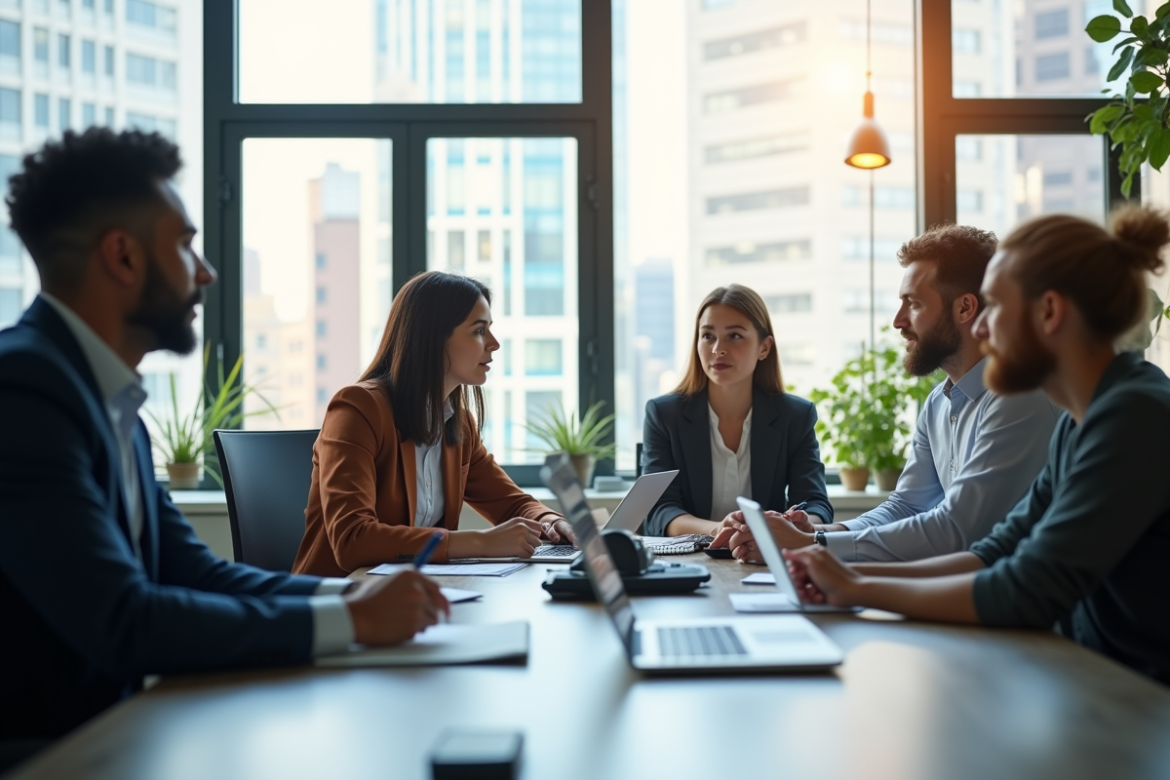 Salle de réunion moderne avec professionnels en discussion