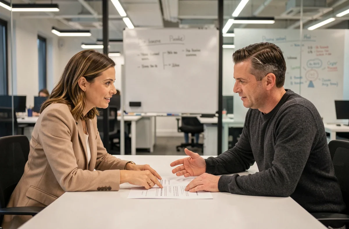 Deux professionnels discutant d'un devis commercial imprimé lors d'une réunion en espace de co-working