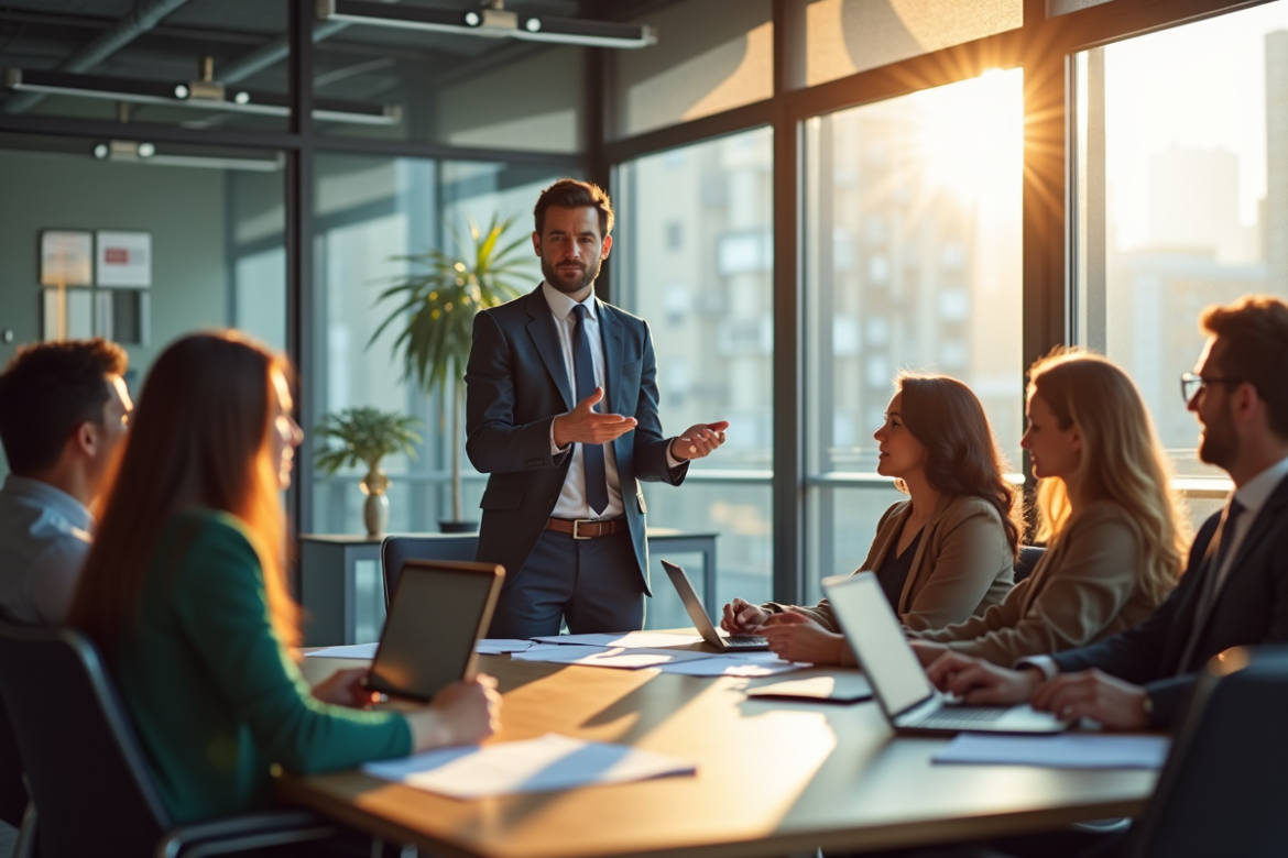 Réunion d'équipe en bureau moderne avec manager et documents