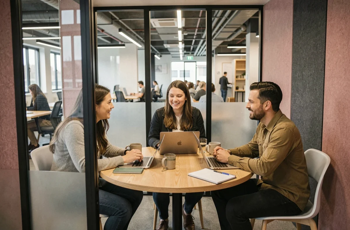 Équipe collaborant dans une salle de réunion vitrée d'un espace de coworking à Annecy