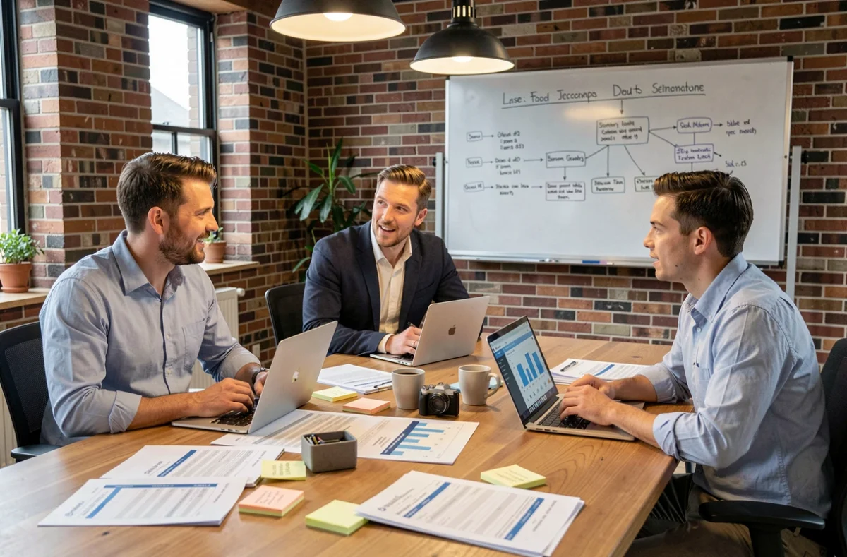 Équipe de professionnels en réunion comparant des outils de gestion de projet comme Opraz et Excel autour d'une table de conférence