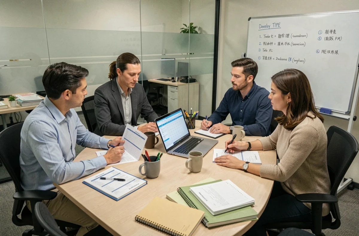 Équipe de quatre collaborateurs en réunion de planification dans une salle de conférence de PME avec agendas et calendrier numérique