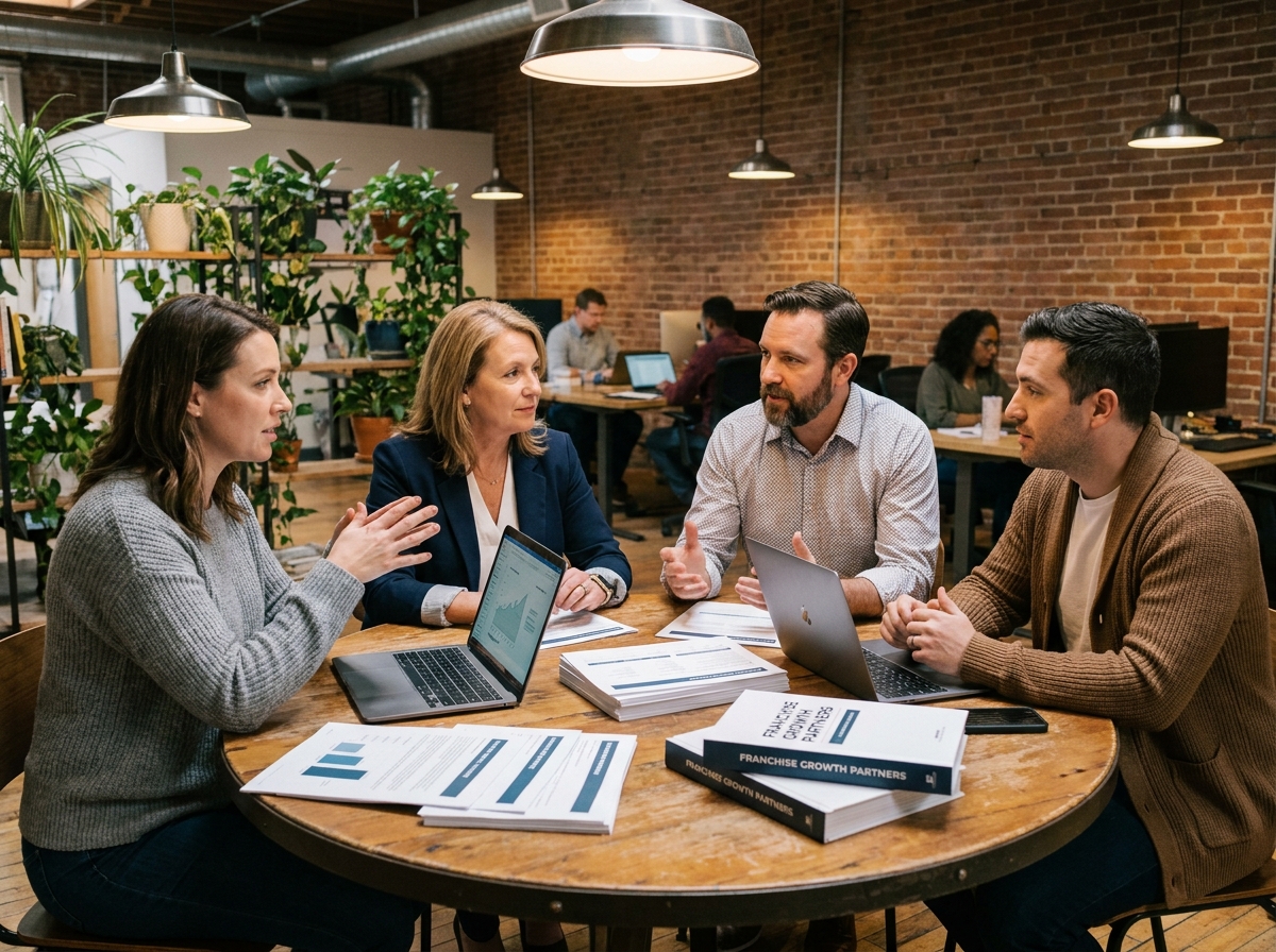 Groupe de franchisés en réunion de travail autour d'une table dans un espace de coworking, discutant de la stratégie de développement du réseau