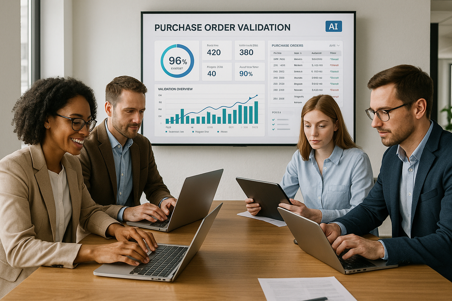 Groupe de professionnels validant des commandes avec tableau interactif