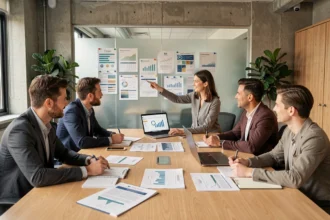Réunion stratégique dans les locaux d'une agence marketing avec analyse de résultats et rapports de performance