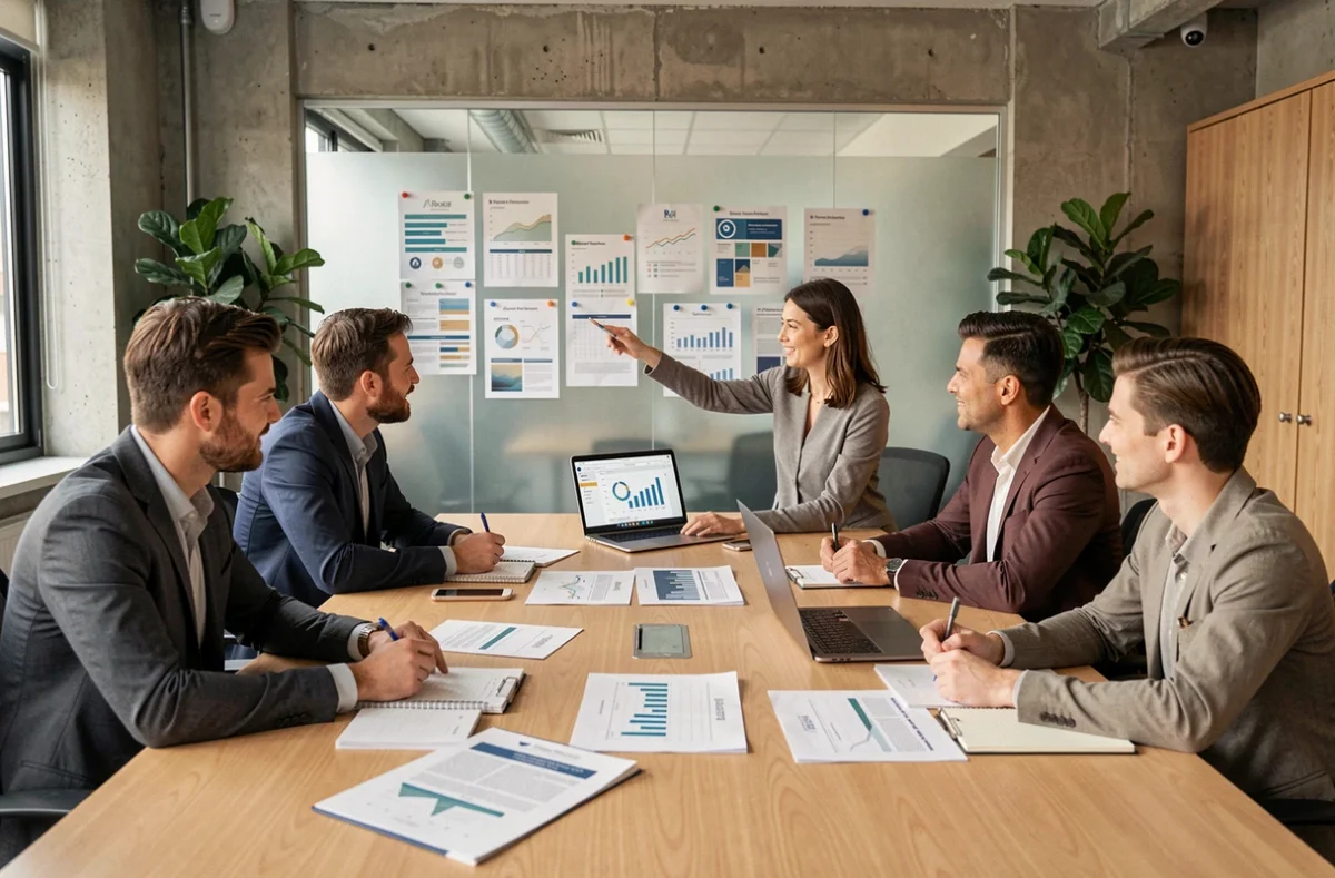 Réunion stratégique dans les locaux d'une agence marketing avec analyse de résultats et rapports de performance