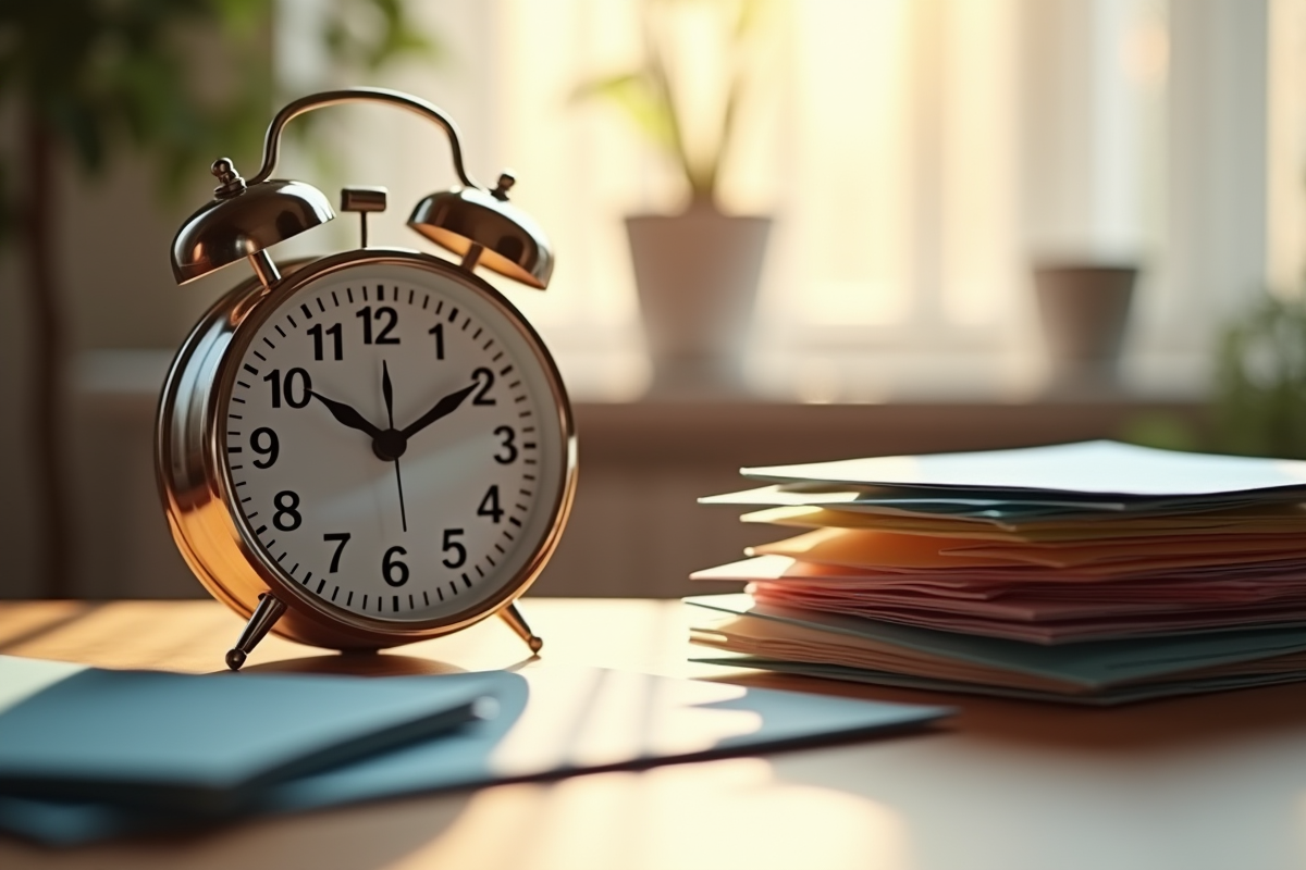 Réveil analogique à 10h avec enveloppes colorées sur un bureau ensoleille
