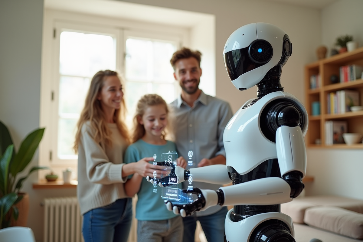 Robot amical aidant une famille dans une maison moderne