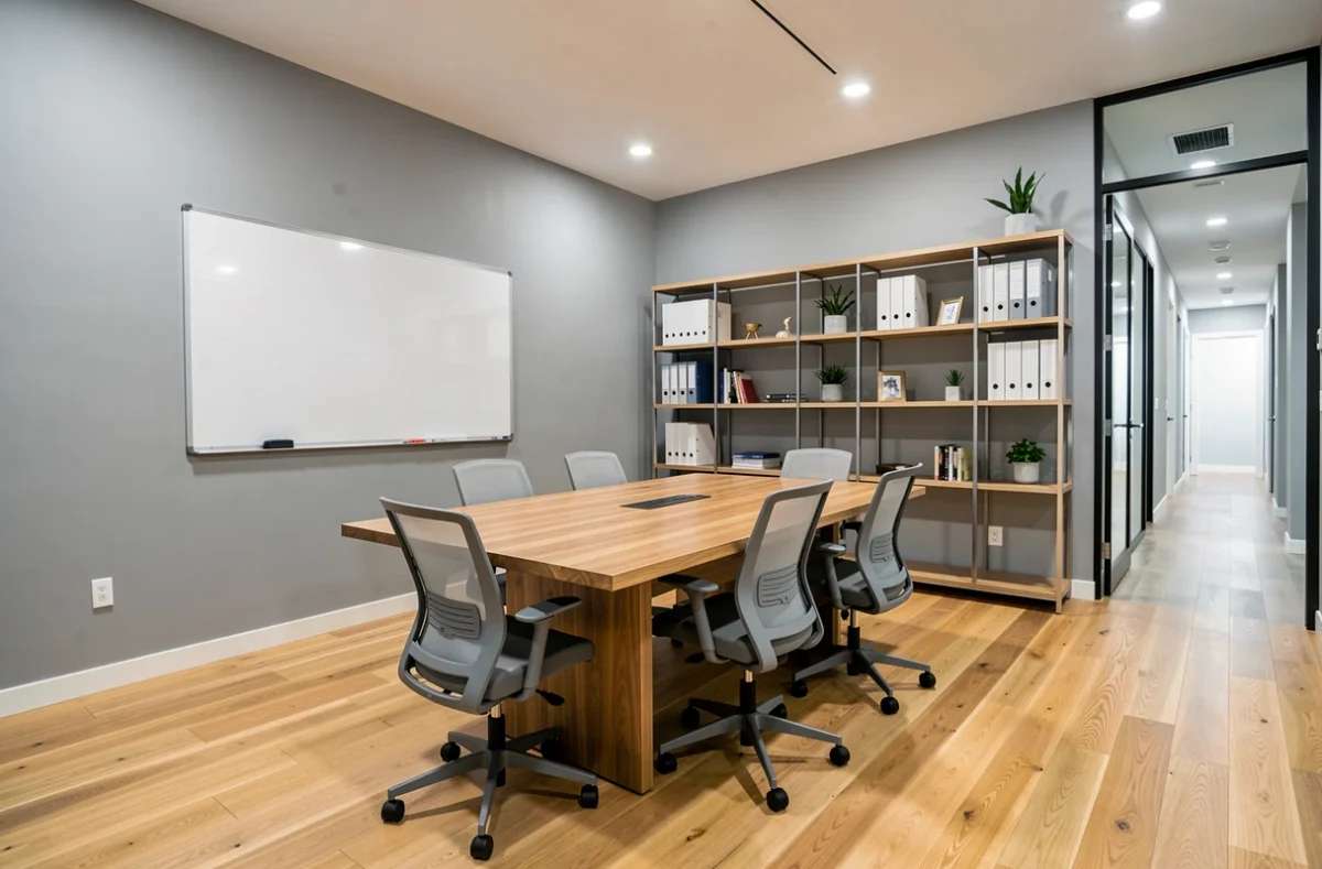Salle de réunion de bureau meublé moderne et prête à l'emploi avec table de conférence et tableau blanc