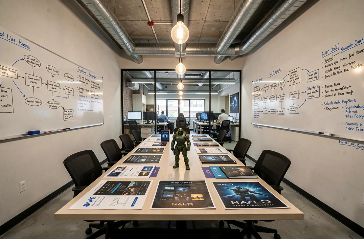 Salle de réunion d'un studio de jeux vidéo avec documents de conception Halo et tableau blanc rempli de notes stratégiques, symbolisant la refondation de 343 Industries en Halo Studios