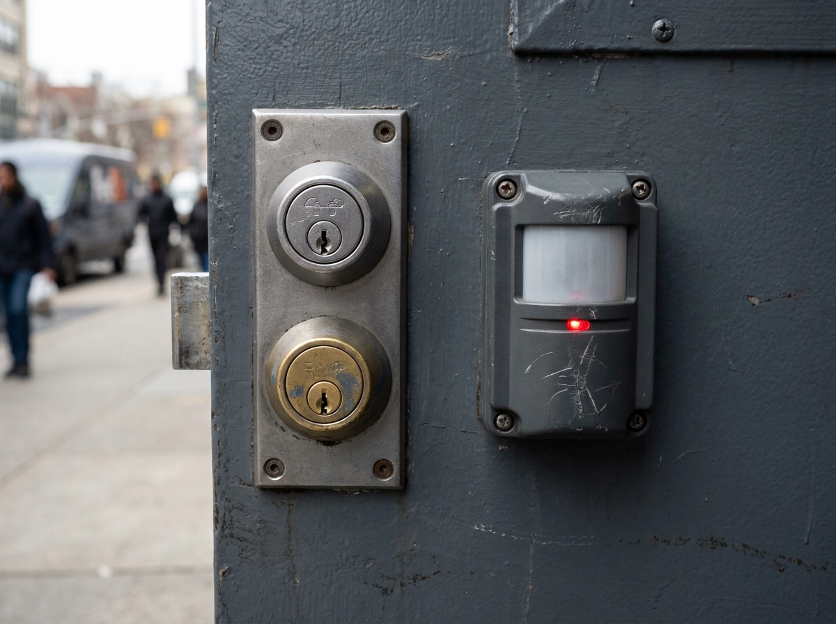 Gros plan sur une serrure renforcée et un capteur d'alarme installés sur la porte d'un commerce en ville