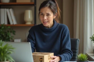 Femme à domicile déposant un colis UPS sur son bureau pour un envoi particulier
