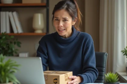 Femme à domicile déposant un colis UPS sur son bureau pour un envoi particulier