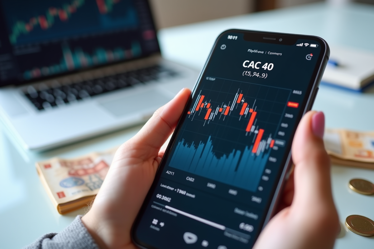 Smartphone avec graphique CAC 40 et billets euros sur bureau