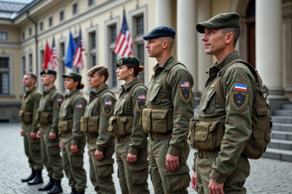 Groupe de soldats européens en uniforme camouflage devant un bâtiment officiel
