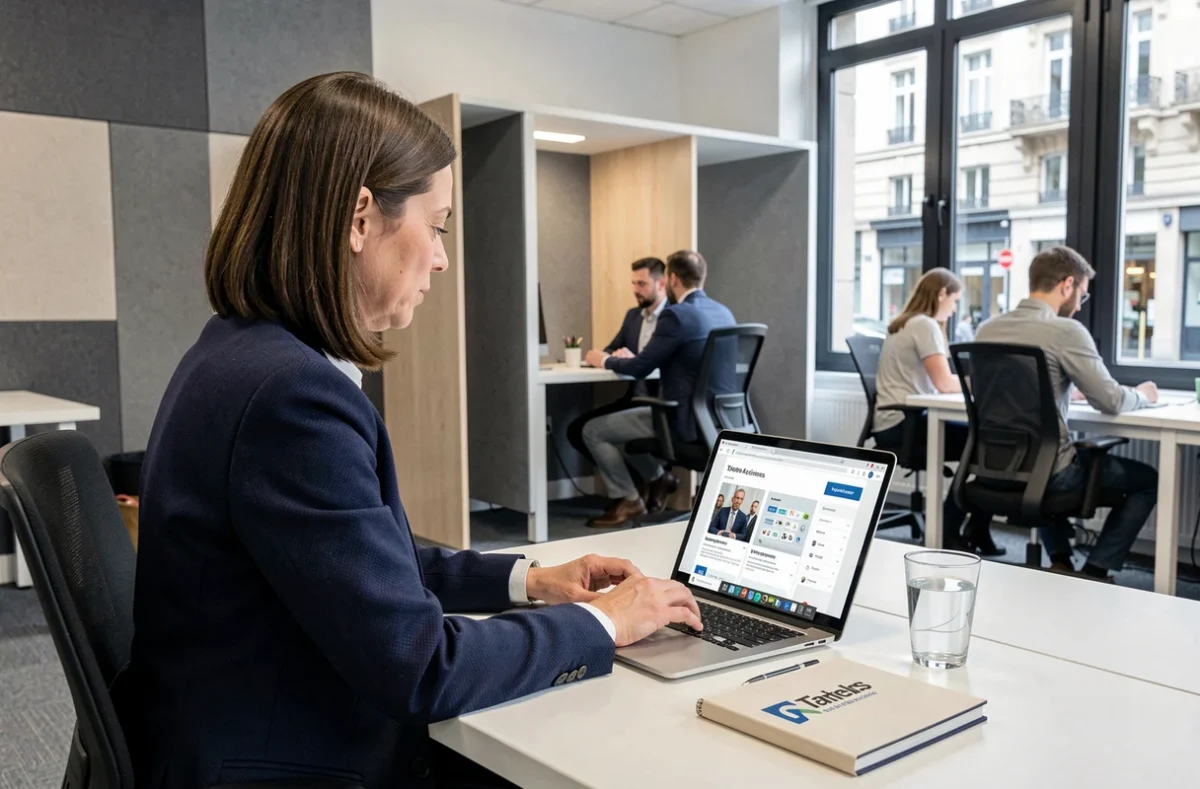 Conseillère Sortlist au bureau de Tarbes consultant une plateforme de mise en relation avec des agences web