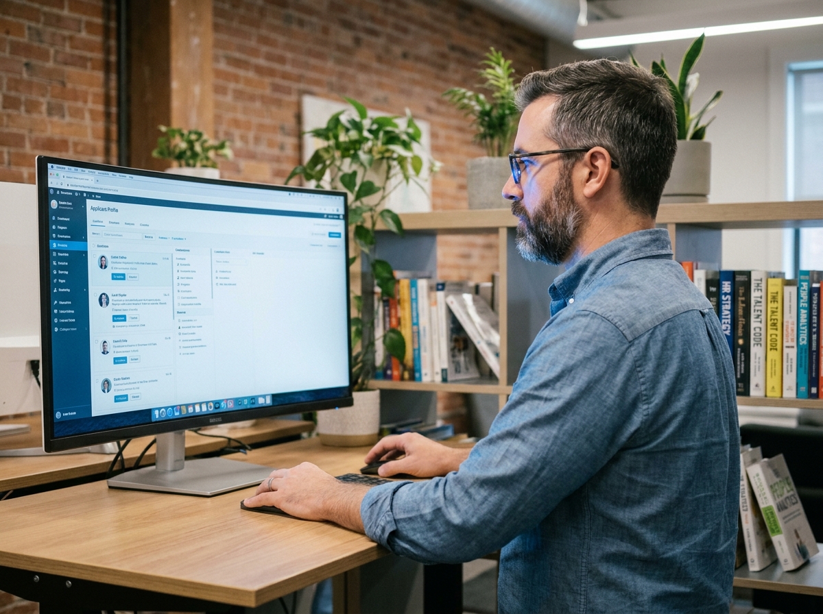Spécialiste en recrutement utilisant un logiciel de gestion des candidatures sur un grand écran dans un bureau moderne