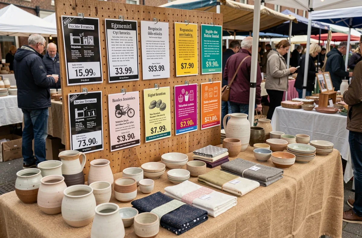 Stand de marché artisanal avec des affiches de prix en noir et blanc et en couleur affichées sur un panneau en bois