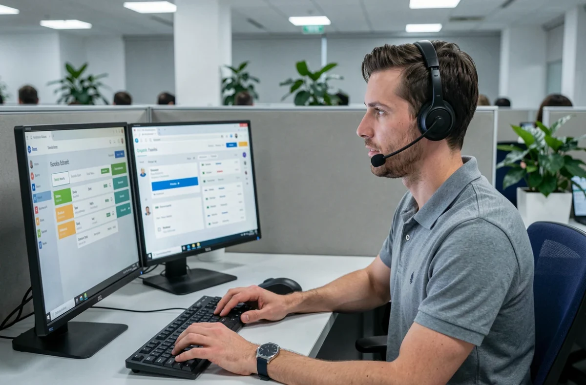 Conseiller du support client avec casque audio aidant à débloquer un identifiant Nibelis sur un tableau de bord de gestion de compte