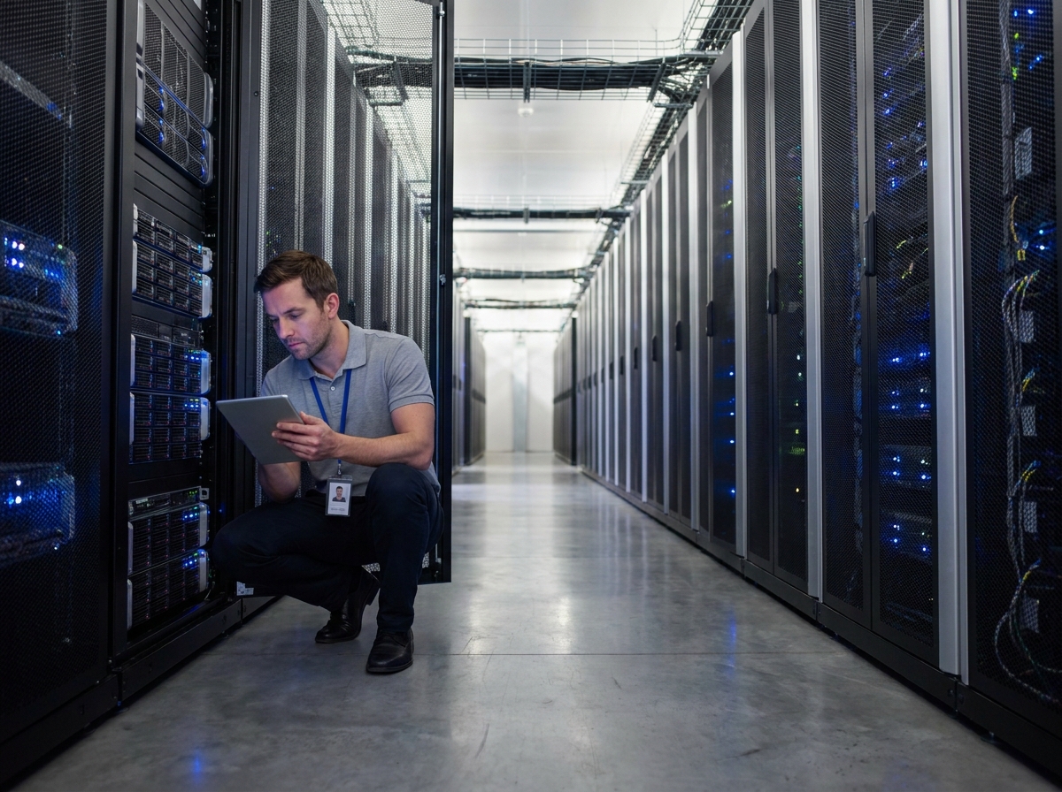 Technicien inspectant des serveurs dans un couloir de centre de données moderne avec des rangées de racks illuminés par des voyants LED bleus