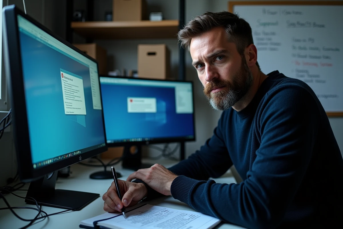 Technicien informatique prenant des notes face à un message d'erreur sur un logiciel de gestion publique avant de contacter la DSI