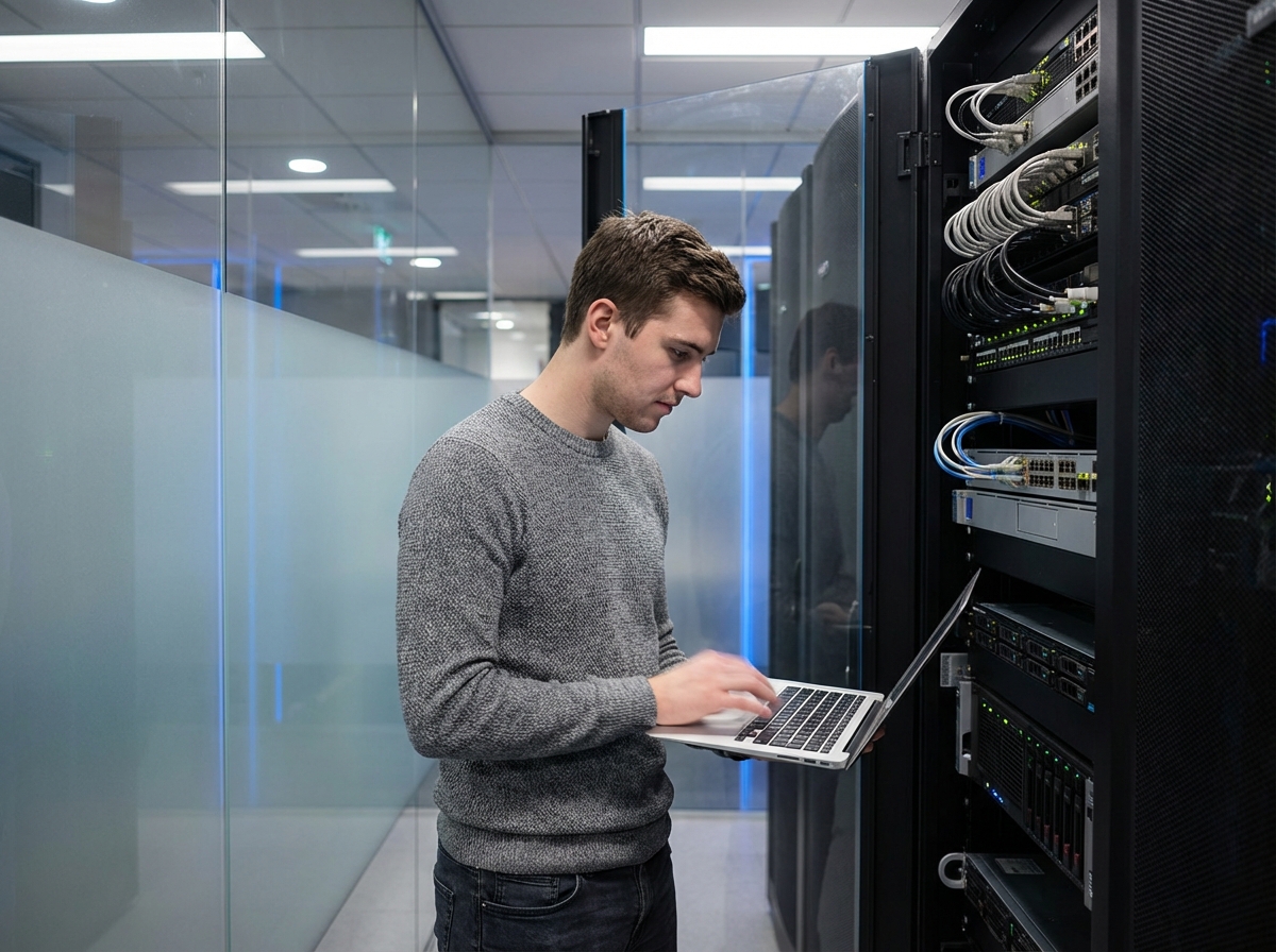 Technicien informatique travaillant devant un rack de serveurs