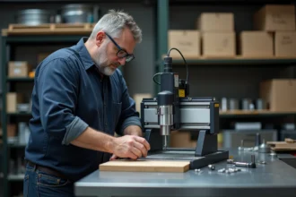 Technicien installant une fraise de précision sur une machine CNC compacte dans un atelier équipé d'accessoires compatibles